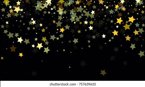 Many Random Falling Stars Confetti on Dark Sky Background. Invitation Background. Banner, Greeting Card, Christmas and New Year card, Postcard, Packaging, Textile Print. Beautiful Night Sky