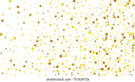 Many Random Falling Stars Confetti on White Sky Background. Invitation Background. Banner, Greeting Card, Christmas and New Year card, Postcard, Packaging, Textile Print. Beautiful Starry Sky