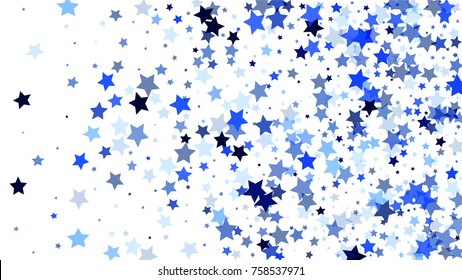 Many Random Falling Stars Confetti on White Sky Background. Invitation Background. Banner, Greeting Card, Christmas and New Year card, Postcard, Packaging, Textile Print. Beautiful Starry Sky