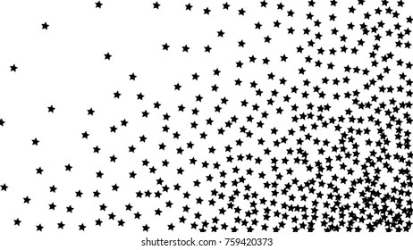 Many Random Falling Stars Confetti on White Sky Background. Invitation Background. Banner, Greeting Card, Christmas and New Year card, Postcard, Packaging, Textile Print. Beautiful Starry Sky