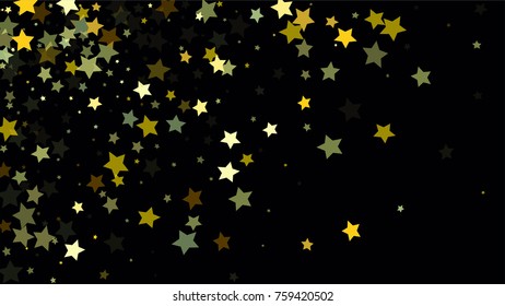 Many Random Falling Stars Confetti on Dark Sky Background. Invitation Background. Banner, Greeting Card, Christmas and New Year card, Postcard, Packaging, Textile Print. Beautiful Night Sky