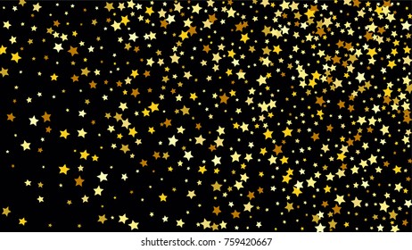 Many Random Falling Stars Confetti on Dark Sky Background. Invitation Background. Banner, Greeting Card, Christmas and New Year card, Postcard, Packaging, Textile Print. Beautiful Night Sky