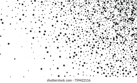 Many Random Falling Stars Confetti on White Sky Background. Invitation Background. Banner, Greeting Card, Christmas and New Year card, Postcard, Packaging, Textile Print. Beautiful Starry Sky