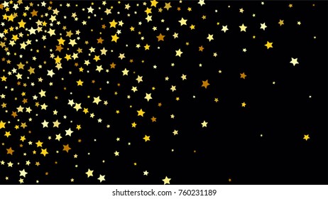 Many Random Falling Stars Confetti on Dark Sky Background. Invitation Background. Banner, Greeting Card, Christmas and New Year card, Postcard, Packaging, Textile Print. Beautiful Night Sky