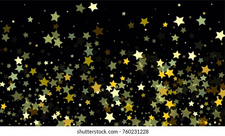 Many Random Falling Stars Confetti on Dark Sky Background. Invitation Background. Banner, Greeting Card, Christmas and New Year card, Postcard, Packaging, Textile Print. Beautiful Night Sky