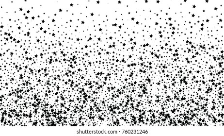 Many Random Falling Stars Confetti on White Sky Background. Invitation Background. Banner, Greeting Card, Christmas and New Year card, Postcard, Packaging, Textile Print. Beautiful Starry Sky