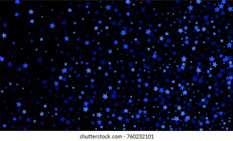 Many Random Falling Stars Confetti on Dark Sky Background. Invitation Background. Banner, Greeting Card, Christmas and New Year card, Postcard, Packaging, Textile Print. Beautiful Night Sky