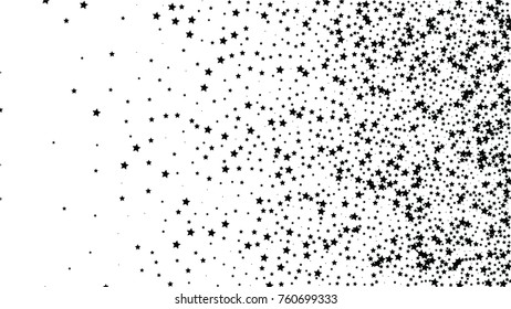 Many Random Falling Stars Confetti on White Sky Background. Invitation Background. Banner, Greeting Card, Christmas and New Year card, Postcard, Packaging, Textile Print. Beautiful Starry Sky