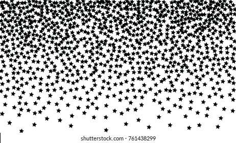 Many Random Falling Stars Confetti on White Sky Background. Invitation Background. Banner, Greeting Card, Christmas and New Year card, Postcard, Packaging, Textile Print. Beautiful Starry Sky