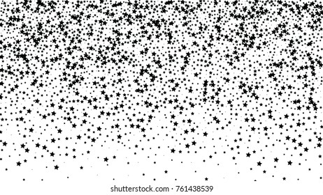 Many Random Falling Stars Confetti on White Sky Background. Invitation Background. Banner, Greeting Card, Christmas and New Year card, Postcard, Packaging, Textile Print. Beautiful Starry Sky