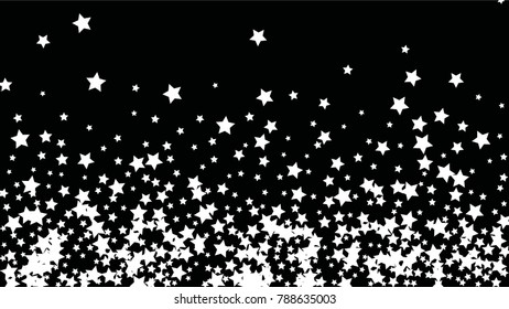 Many Random Falling Stars Confetti on Dark Sky Background. Invitation Background. Banner, Greeting Card, Christmas and New Year card, Postcard, Packaging, Textile Print. Beautiful Night Sky