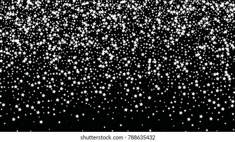 Many Random Falling Stars Confetti on Dark Sky Background. Invitation Background. Banner, Greeting Card, Christmas and New Year card, Postcard, Packaging, Textile Print. Beautiful Night Sky