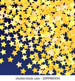 Many Random Falling Yellow Stars Confetti on Blue Background. Invitation Design. 
 Banner, Greeting Card, Christmas card, Postcard, Packaging, Textile Print. Beautiful Night Sky. Vector 