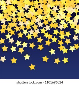 Many Random Falling Yellow Stars Confetti on Blue Background. Invitation Design. 
 Banner, Greeting Card, Christmas card, Postcard, Packaging, Textile Print. Beautiful Night Sky. Vector 