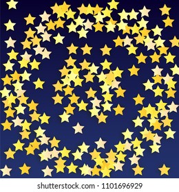 Many Random Falling Yellow Stars Confetti on Blue Background. Invitation Design. 
 Banner, Greeting Card, Christmas card, Postcard, Packaging, Textile Print. Beautiful Night Sky. Vector 