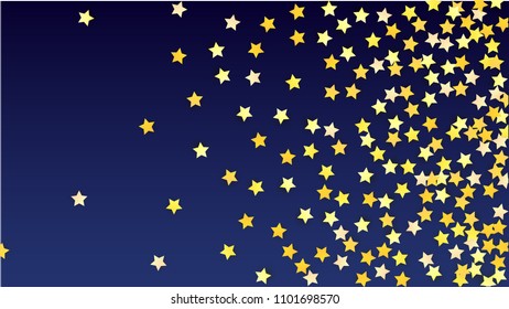 Many Random Falling Yellow Stars Confetti on Blue Background. Invitation Design. 
 Banner, Greeting Card, Christmas card, Postcard, Packaging, Textile Print. Beautiful Night Sky