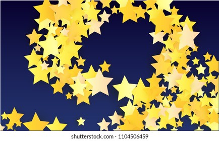 Many Random Falling Yellow Stars Confetti on Blue Background. Invitation Design. 
 Banner, Greeting Card, Christmas card, Postcard, Packaging, Textile Print. Beautiful Night Sky. Vector 