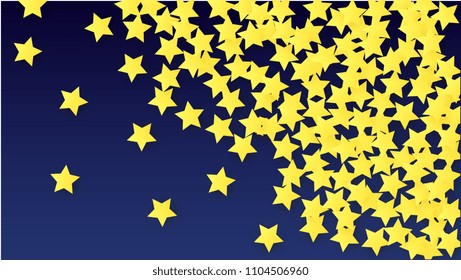 Many Random Falling Yellow Stars Confetti on Blue Background. Invitation Design. 
 Banner, Greeting Card, Christmas card, Postcard, Packaging, Textile Print. Beautiful Night Sky. Vector 