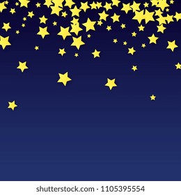 Many Random Falling Yellow Stars Confetti on Blue Background. Invitation Design. 
 Banner, Greeting Card, Christmas card, Postcard, Packaging, Textile Print. Beautiful Night Sky. Vector 