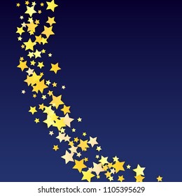 Many Random Falling Yellow Stars Confetti on Blue Background. Invitation Design. 
 Abstract Decoration for Party, Birthday Celebrate, Anniversary or Event, Festive. Vector illustration 