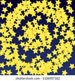 Many Random Falling Yellow Stars Confetti on Blue Background. Invitation Design. 
 Banner, Greeting Card, Christmas card, Postcard, Packaging, Textile Print. Beautiful Night Sky. Vector 