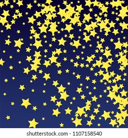 Many Random Falling Yellow Stars Confetti on Blue Background. Invitation Design. 
 Banner, Greeting Card, Christmas card, Postcard, Packaging, Textile Print. Beautiful Night Sky. Vector 