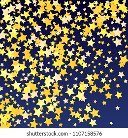 Many Random Falling Yellow Stars Confetti on Blue Background. Invitation Design. 
 Banner, Greeting Card, Christmas card, Postcard, Packaging, Textile Print. Beautiful Night Sky