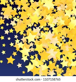 Many Random Falling Yellow Stars Confetti on Blue Background. Invitation Design. 
 Banner, Greeting Card, Christmas card, Postcard, Packaging, Textile Print. Beautiful Night Sky