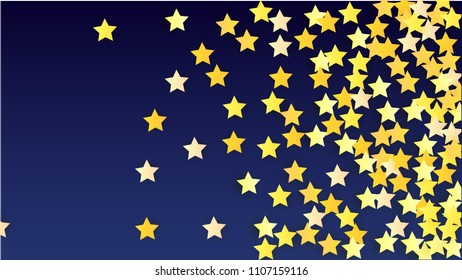 Many Random Falling Yellow Stars Confetti on Blue Background. Invitation Design. 
 Abstract Decoration for Party, Birthday Celebrate, Anniversary or Event, Festive. Vector illustration 