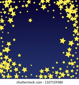 Many Random Falling Yellow Stars Confetti on Blue Background. Invitation Design. 
 Banner, Greeting Card, Christmas card, Postcard, Packaging, Textile Print. Beautiful Night Sky. Vector 