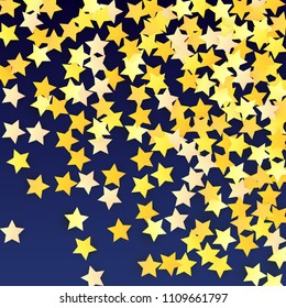 Many Random Falling Yellow Stars Confetti on Blue Background. Invitation Design. 
 Banner, Greeting Card, Christmas card, Postcard, Packaging, Textile Print. Beautiful Night Sky