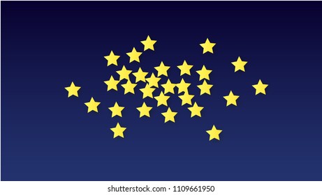 Many Random Falling Yellow Stars Confetti on Blue Background. Invitation Design. 
 Banner, Greeting Card, Christmas card, Postcard, Packaging, Textile Print. Beautiful Night Sky