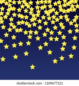 Many Random Falling Yellow Stars Confetti on Blue Background. Invitation Design. 
 Banner, Greeting Card, Christmas card, Postcard, Packaging, Textile Print. Beautiful Night Sky. Vector 