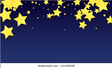 Many Random Falling Yellow Stars Confetti on Blue Background. Invitation Design. 
 Abstract Decoration for Party, Birthday Celebrate, Anniversary or Event, Festive. Vector illustration 