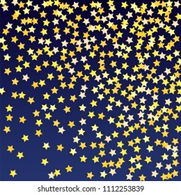 Many Random Falling Yellow Stars Confetti on Blue Background. Invitation Design. 
 Banner, Greeting Card, Christmas card, Postcard, Packaging, Textile Print. Beautiful Night Sky