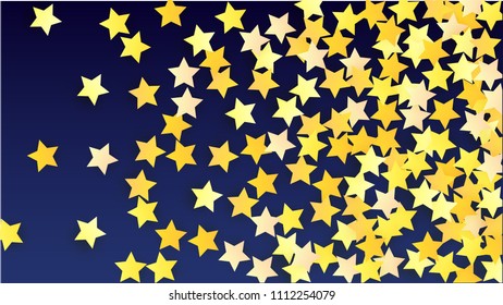 Many Random Falling Yellow Stars Confetti on Blue Background. Invitation Design. 
 Banner, Greeting Card, Christmas card, Postcard, Packaging, Textile Print. Beautiful Night Sky