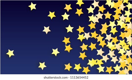 Many Random Falling Yellow Stars Confetti on Blue Background. Invitation Design. 