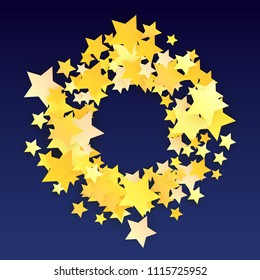 Many Random Falling Yellow Stars Confetti on Blue Background. Invitation Design. 
 Banner, Greeting Card, Christmas card, Postcard, Packaging, Textile Print. Beautiful Night Sky