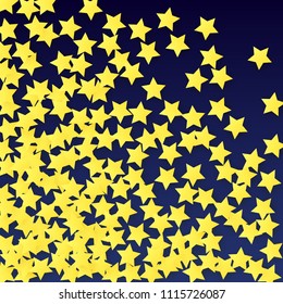Many Random Falling Yellow Stars Confetti on Blue Background. Invitation Design. 
 Abstract Decoration for Party, Birthday Celebrate, Anniversary or Event, Festive. Vector illustration 