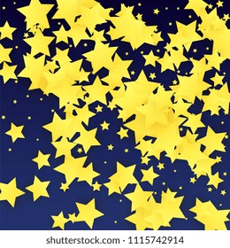 Many Random Falling Yellow Stars Confetti on Blue Background. Invitation Design. 
 Banner, Greeting Card, Christmas card, Postcard, Packaging, Textile Print. Beautiful Night Sky