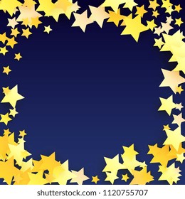 Many Random Falling Yellow Stars Confetti on Blue Background. Invitation Design. 
 Banner, Greeting Card, Christmas card, Postcard, Packaging, Textile Print. Beautiful Night Sky
