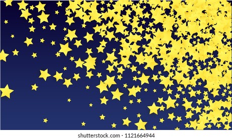 Many Random Falling Yellow Stars Confetti on Blue Background. Invitation Design. 
 Banner, Greeting Card, Christmas card, Postcard, Packaging, Textile Print. Beautiful Night Sky. Vector 