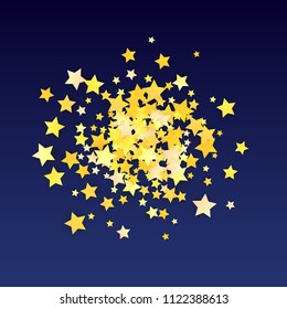 Many Random Falling Yellow Stars Confetti on Blue Background. Invitation Design. 
Banner, Greeting Card, Christmas card, Postcard, Packaging, Textile Print. Beautiful Night Sky