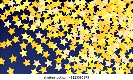 Many Random Falling Yellow Stars Confetti on Blue Background. Invitation Design. 
 Banner, Greeting Card, Christmas card, Postcard, Packaging, Textile Print. Beautiful Night Sky. Vector 