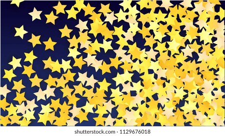 Many Random Falling Yellow Stars Confetti on Blue Background. Invitation Design. 
 Banner, Greeting Card, Christmas card, Postcard, Packaging, Textile Print. Beautiful Night Sky. Vector 