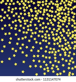 Many Random Falling Yellow Stars Confetti on Blue Background. Invitation Design. 
 Banner, Greeting Card, Christmas card, Postcard, Packaging, Textile Print. Beautiful Night Sky. Vector 