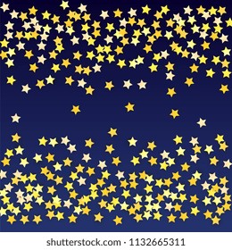 Many Random Falling Yellow Stars Confetti on Blue Background. Invitation Design. 
 Banner, Greeting Card, Christmas card, Postcard, Packaging, Textile Print. Beautiful Night Sky. Vector 