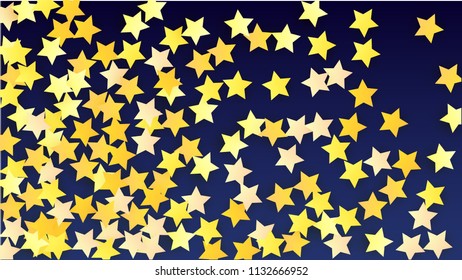 Many Random Falling Yellow Stars Confetti on Blue Background. Invitation Design. 
 Banner, Greeting Card, Christmas card, Postcard, Packaging, Textile Print. Beautiful Night Sky