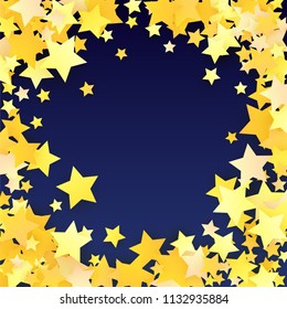 Many Random Falling Yellow Stars Confetti on Blue Background. Invitation Design. 
 Abstract Decoration for Party, Birthday Celebrate, Anniversary or Event, Festive. Vector illustration 