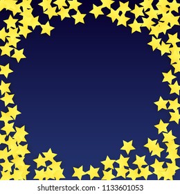 Many Random Falling Yellow Stars Confetti on Blue Background. Invitation Design. 
 Banner, Greeting Card, Christmas card, Postcard, Packaging, Textile Print. Beautiful Night Sky